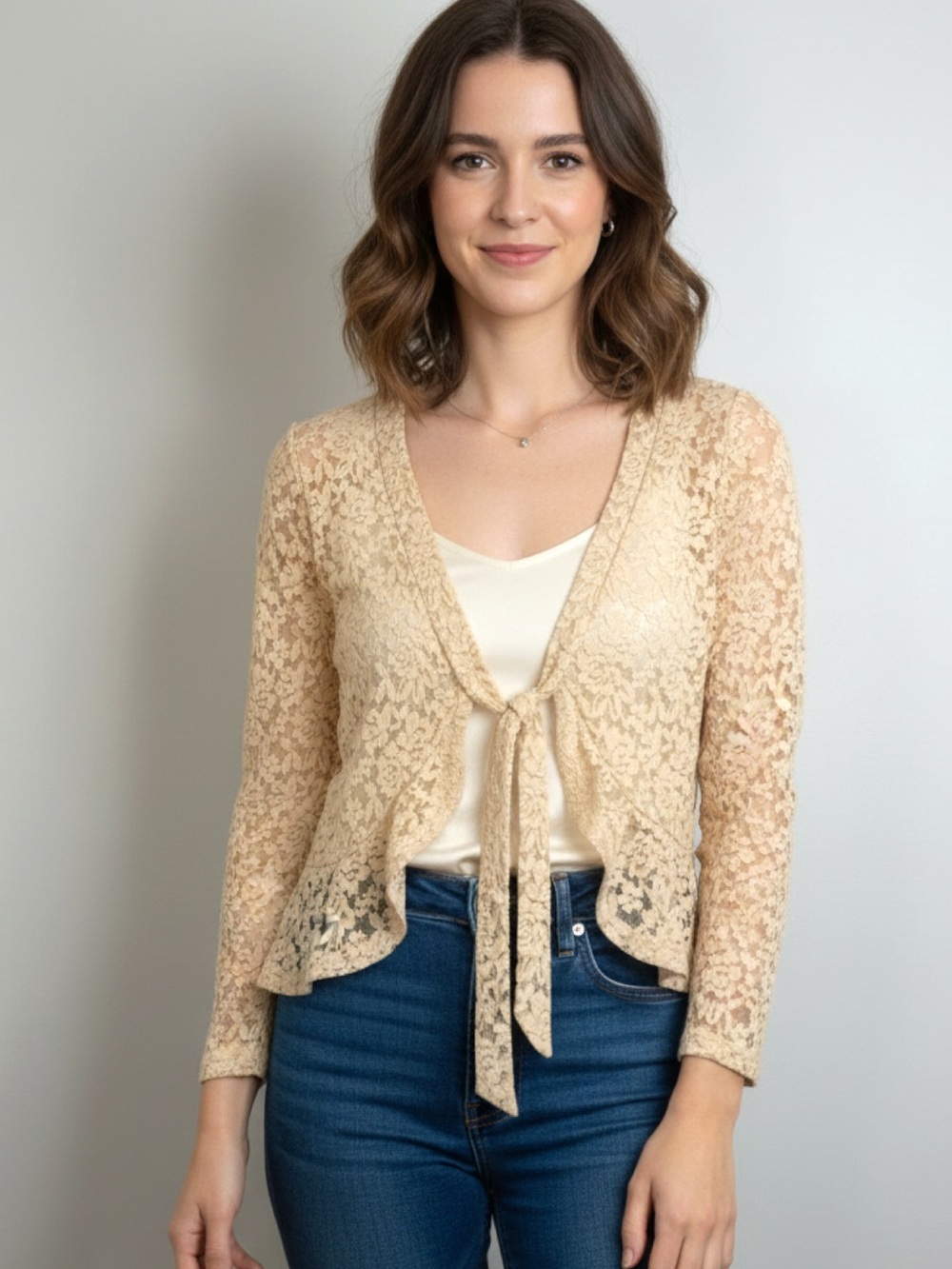 Open Tie-Front Lace Cardigan• NWT • 20" p2p